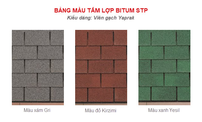 Bảng màu ngói bitum STP kiểu viên gạch